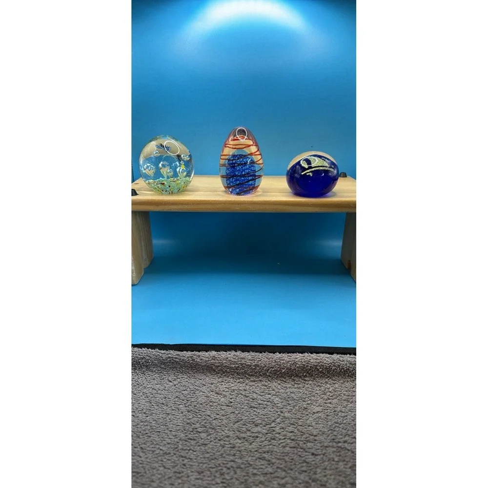 Set of 3 Glass Paperweights Nautical Sailboat 3D Effect Blue Clear Multicolor